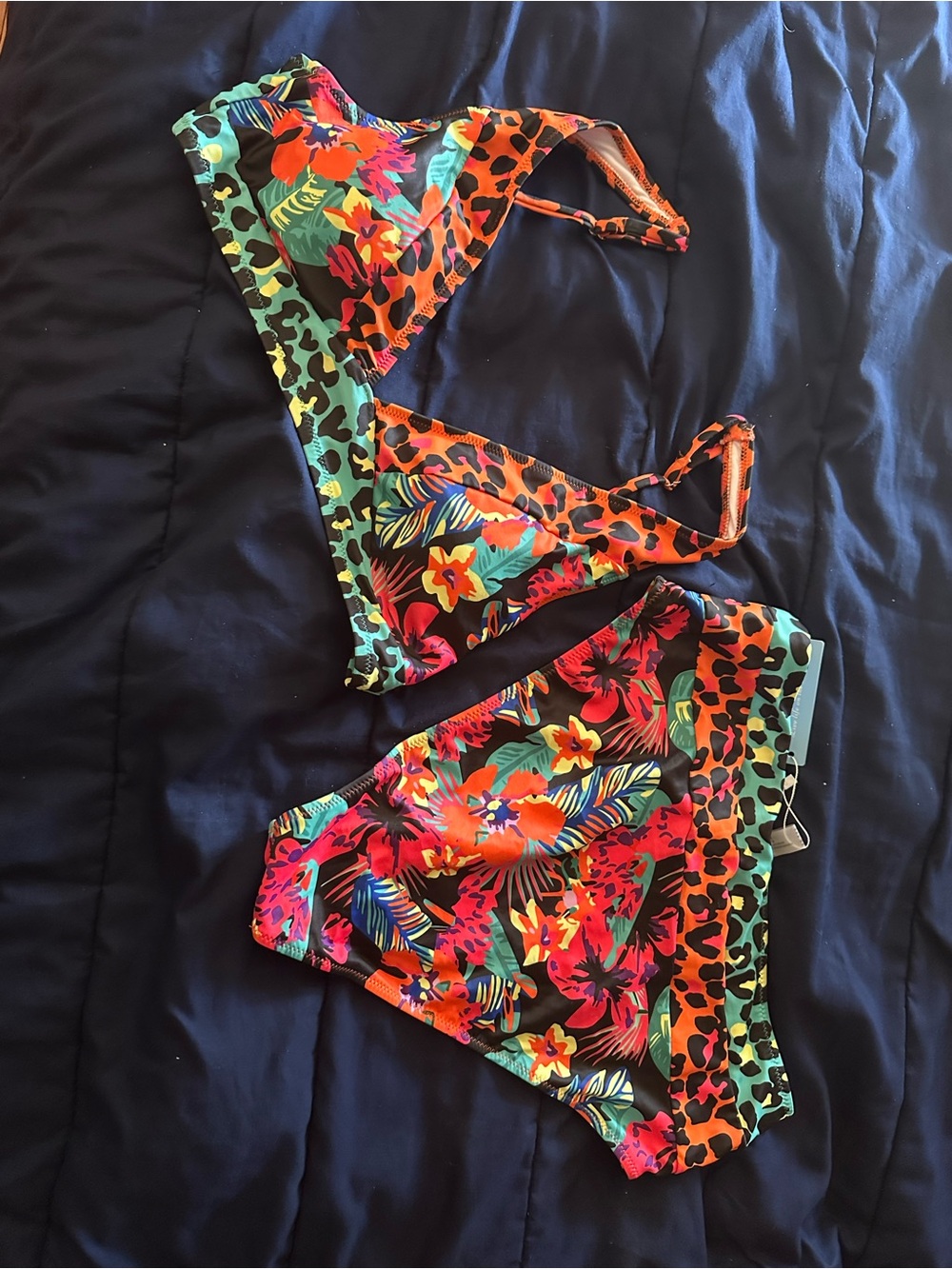 Floral & Leopard Print Bikini Top and Bottom - Multicolor